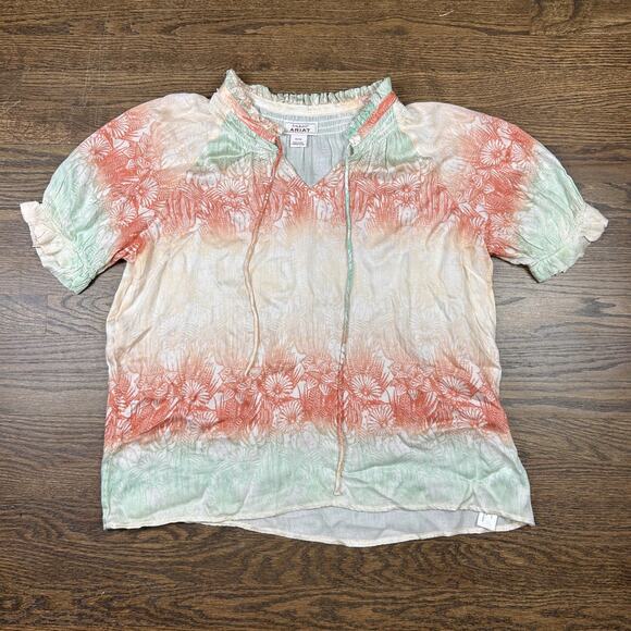 Ariat Shirt Womens Medium Multicolor Floral Boho Peasant Blouse Short Sleeve Top - Picture 1 of 9